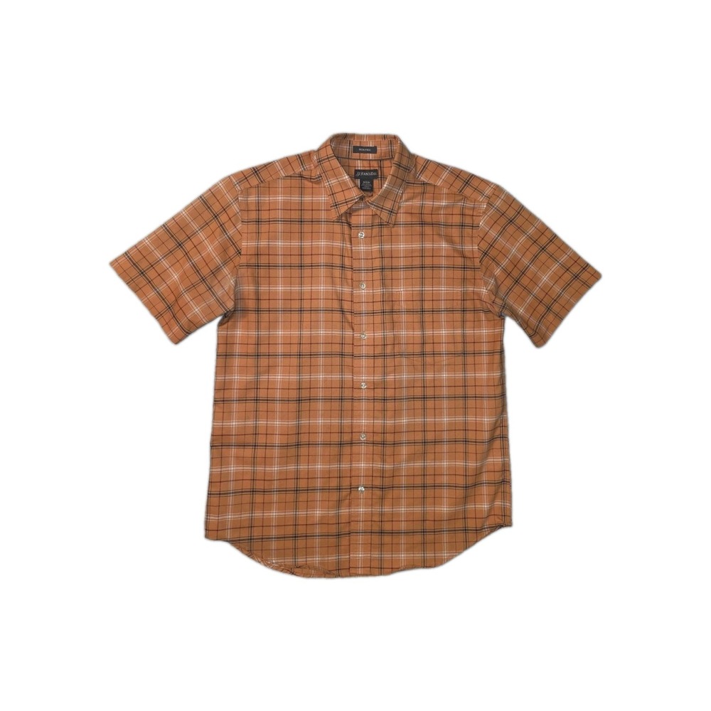 St. Johns Bay Mens Plaid Iron-Free Orange Short Sleeve Button Up Shirt Size M